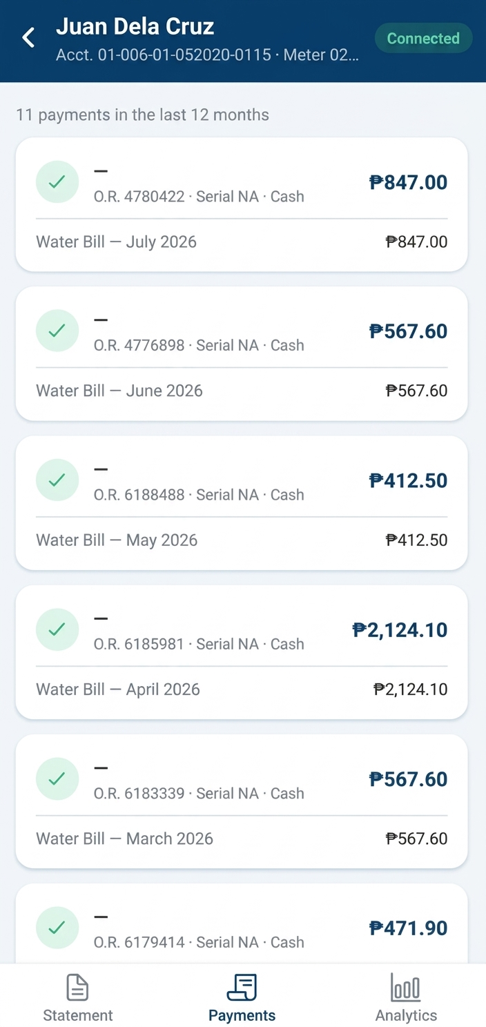 POSEIDON resident app listing paid water bills with official receipt numbers